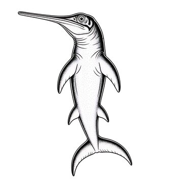 Detailed black and white illustration of an ichthyosaur marine reptile.