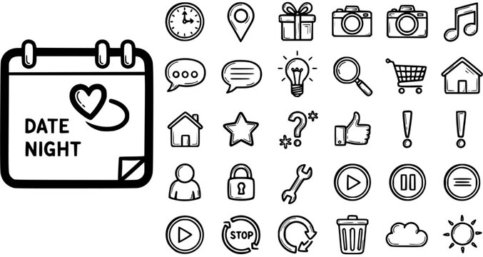 Black and White Line Art Icons for Dating and Relationships - Calendar, Heart, Camera, Music Note