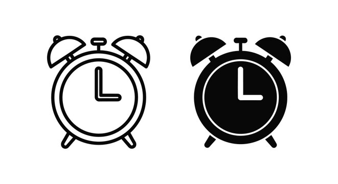 Two classic alarm clocks one outlined and one filled displaying ten o clock silhouette