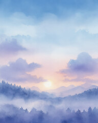 Obraz premium Serenity calm tranquility peace in a pastel watercolor scene a sunrise over misty mountains and pine forest with blue sky and lavender haze