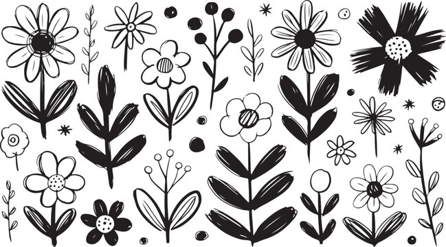 Ink flower icons and tattoo flash set