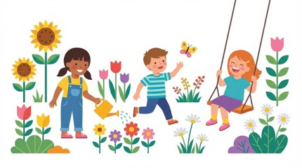 Obraz premium Children playing in flower garden.