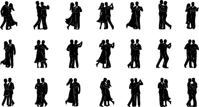 Black  White Silhouette Icons of Couples Dancing, Elegant Ballroom Dancers Vector Set