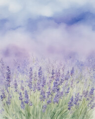 Obraz premium Serenity calmness tranquility haze ethereality to bloom a lavender field with soft mist and blue sky captured in watercolor style to evoke peaceful atmosphere and natural beauty