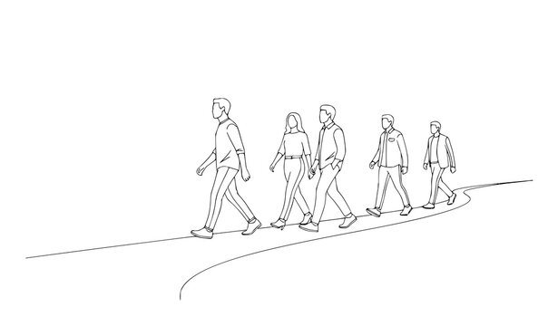 A minimalist line art illustration of people walking in a line