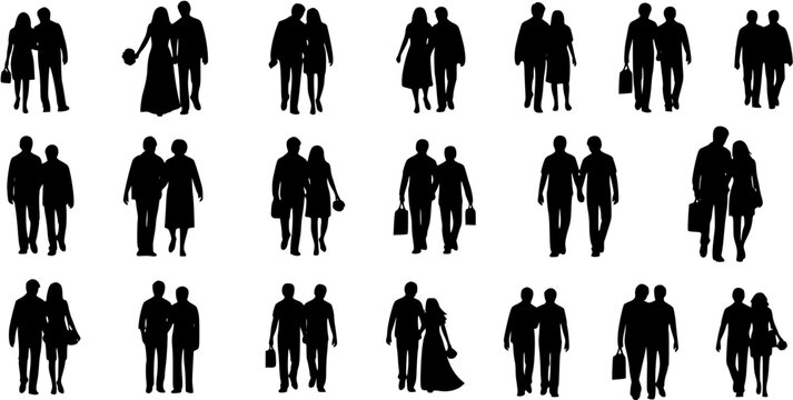 Vector black silhouette couples illustration set, depicting diverse adult pairs walking, holding hands, shopping, and in various relationship scenarios for lifestyle and social themes.