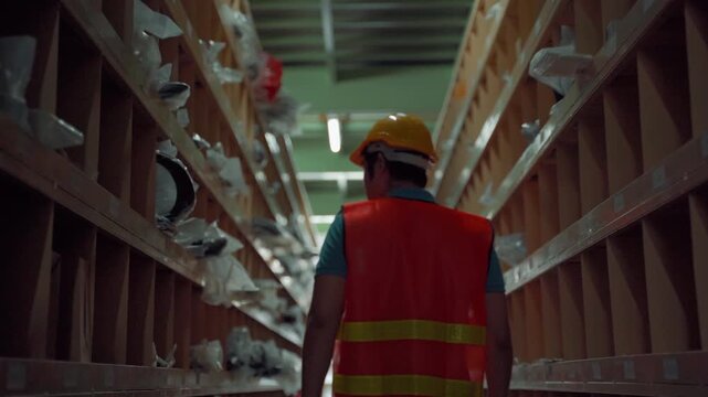 Back view of warehouse worker walking through narrow storage aisle with shelves and inventory boxes, wearing safety vest and hard hat in industrial logistics environment
