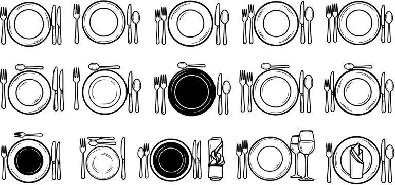 Black  White Line Art Vector Icons: Diverse Dining  Restaurant Table Settings with Plates, Cutlery, and Glasses. Hospitality and Food Service Place Settings Collection.