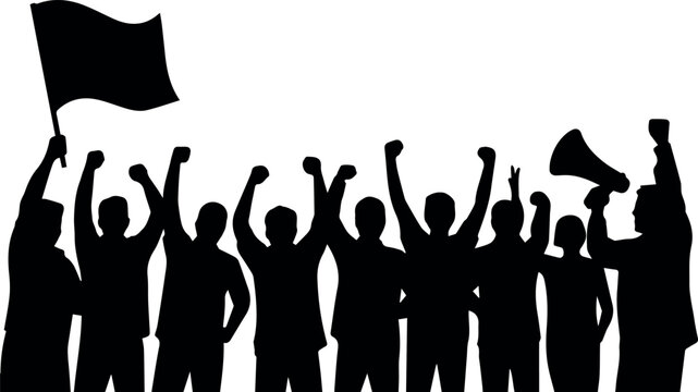 Rights march with crowd holding megaphone and flag