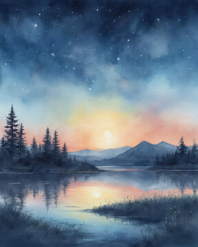 Serenity reflection tranquility twilight harmony dream a watercolor landscape showing a starry night sky above a calm lake with pine silhouette and distant mountains reflected in