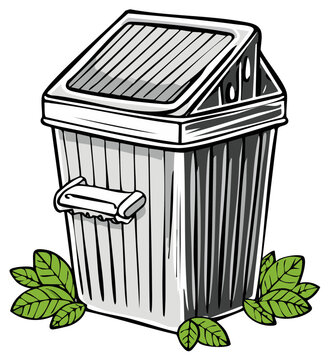 Cartoon illustration of a trash can with leaves, isolated on white