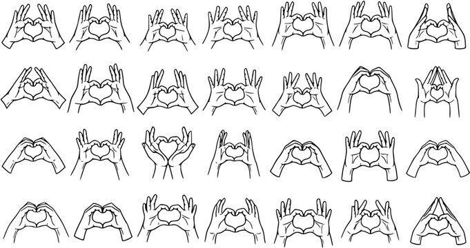 Heart Hands Line Art Collection. Black and White Human Hand Gestures Forming Love Symbol. Vector for Valentine, Care, Health  Community