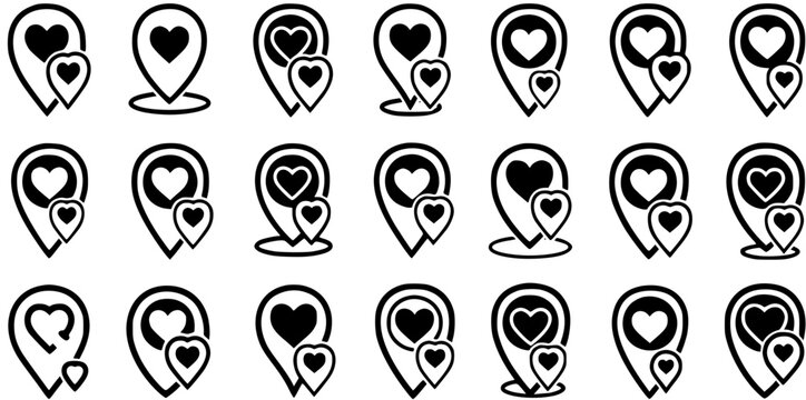 Black and White Heart Location Pin Icons Set, Love Symbol Map Marker, Valentine Vector Art