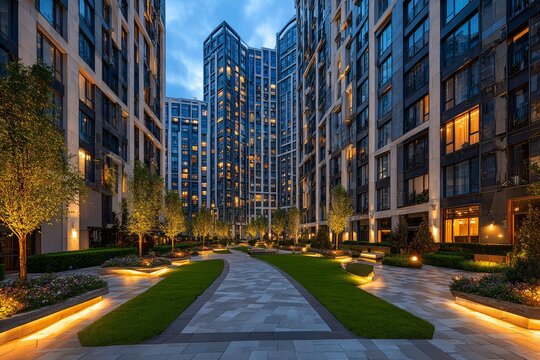 Panoramic view of gated residential community with landscaped promenade, building facades with architectural lighting, blue hour with warm window lights. AI generative