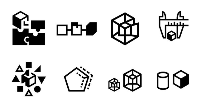 Vector Icon Set of Geometric Puzzle Pieces and Cubes for Creative Design