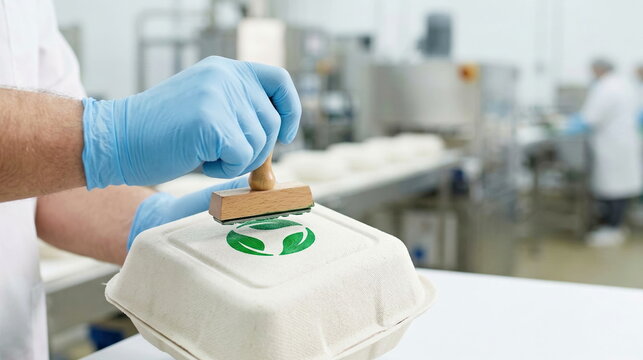 Hand in blue glove stamping an eco-friendly logo onto a biodegradable food container in a factory setting, symbolizing sustainable packaging and quality.