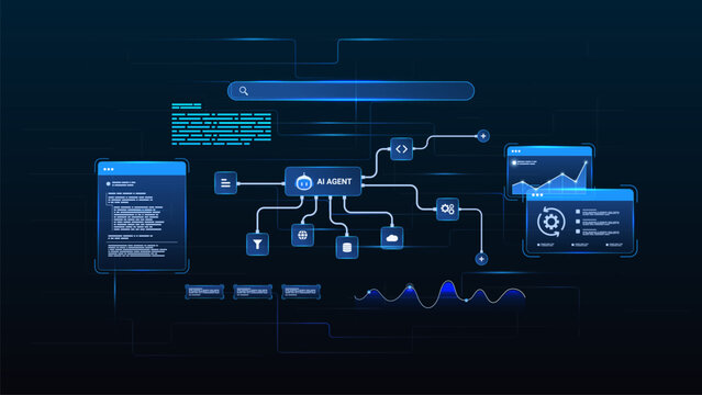 AI workflow automation artificial intelligence. ai agent network diagram with data processing system, coding, analytics and automation flow system.