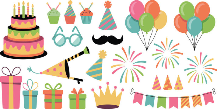 Cartoon party kit icon set with fireworks rockets, balloons, birthday gifts, carnival masks and cupcakes isolated vector illustration