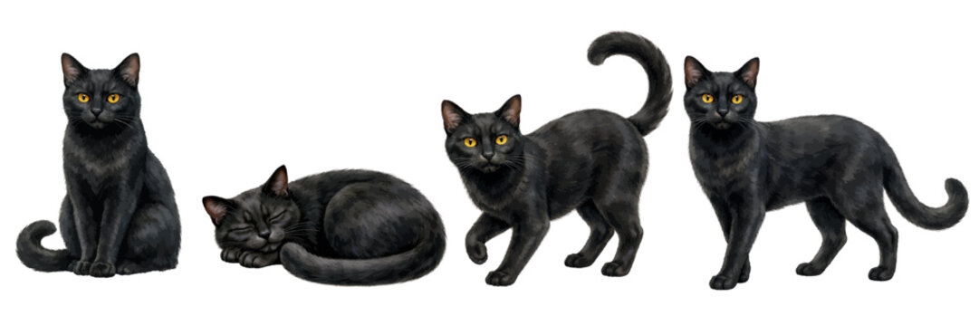 A watercolor collection of black cats featuring sitting sleeping and standing poses isolated on a transparent background