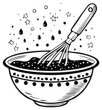 Whisk mixing ingredients in a decorative bowl with falling droplets and stars