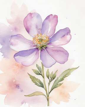 Watercolor flower delicate purple petal soft bloom with gentle pink lavender hues yellow center slender stem and green leaf against a peach wash