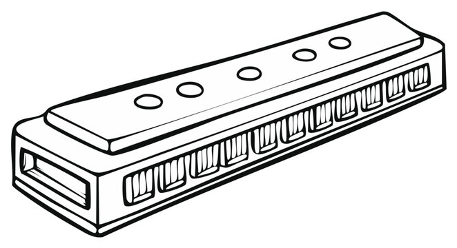 Simple line drawing of a harmonica with air holes and reeds, symbolizing music and sound