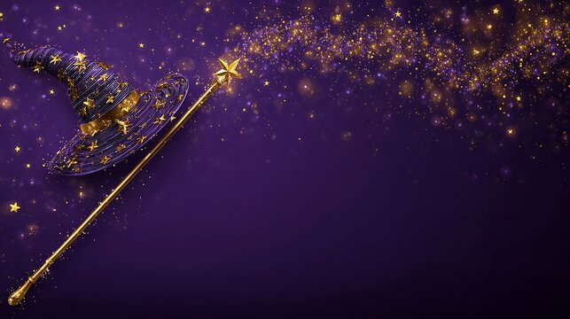 Purple wizard hat with golden stars and a magic wand creating a trail of light on purple