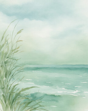 Watercolor sea breeze coast tranquil scene with soft green hue over the ocean and grass edge creating a calm coastal mood