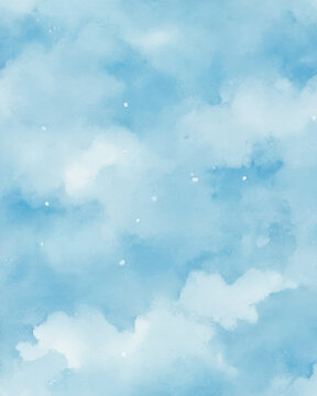 Watercolor sky blue cloud fleck evokes serene atmosphere across airy canvas creating a calm soft tranquil mood