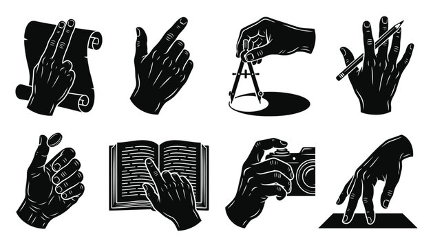 Vintage Linocut Hand Icons Representing Education Creativity and Technical Skills