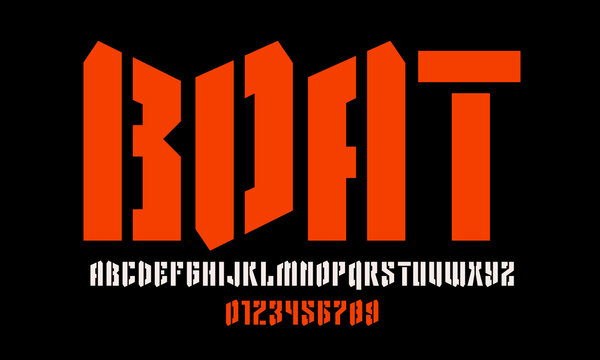 Stencil plate sans serif font in military style. Letters and numbers for logo and emblem design. Color print on white background