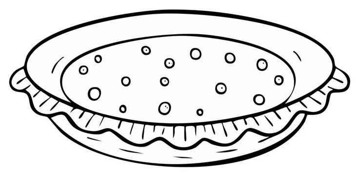 Black and white line art drawing of a pie in a tin with a decorative crust edge