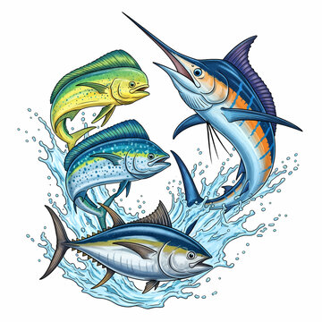 marlin mahi mahi tuna wahoo illustration isolated on white background.
