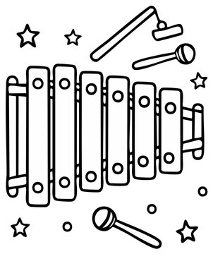 Black and white illustration of a xylophone with mallets and stars for coloring.