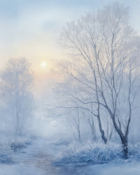 Winter frost fog sunrise tranquil scene along a quiet path winding through bare tree monochrome light and soft mist creating an ethereal peaceful winter morning
