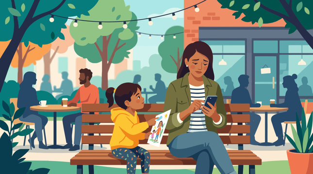 Mother Distracted by Smartphone While Child Seeks Attention Vector