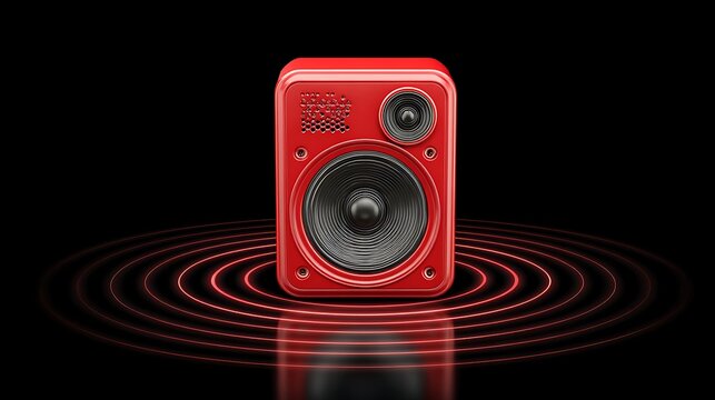 Red square audio speaker emitting concentric sound waves on a reflective dark surface