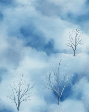 Winter tree blue watercolor quiet scene with bare branch and soft frost calm horizon and serene atmosphere