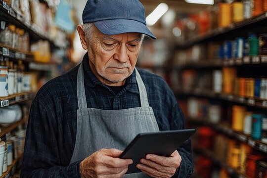 older store worker in apron and cap using a tablet to check inventory in a crowded hardware aisle, focused and attentive