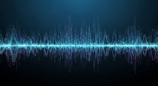 Audio waves, sound spectrum and frequency analysis for music production, audio engineering and signal processing with waveform visualization displaying complex patterns in dark background. Acoustics