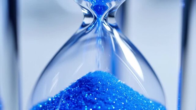 A close-up of a transparent hourglass with blue sand flowing from the top to the bottom bulb