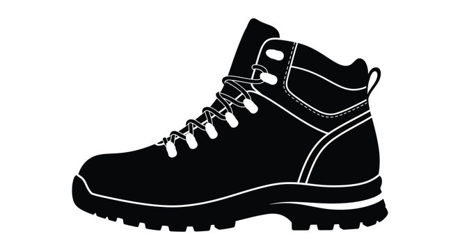 A detailed black silhouette of a hiking boot showcasing its rugged design silhouette