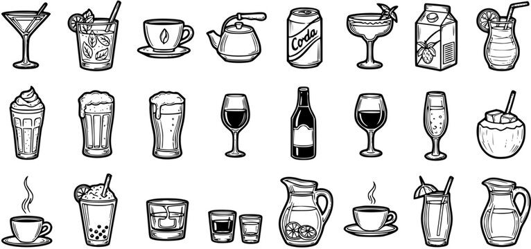Black and White Line Art Icons of Various Drinks, Cocktails, and Beverages for Food and Beverage Industry