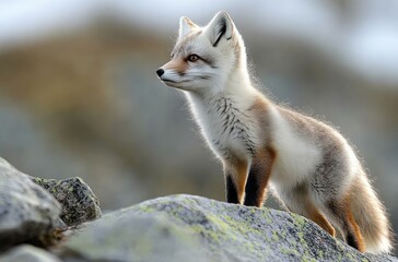 Fototapeta premium Alert arctic fox standing on lichen-covered rocky outcrop, gazing into a misty blurred landscape with a curious, majestic expression