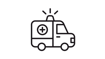 Ambulance emergency vehicle vector icon, black line art illustration of a medical transport van with a flashing siren and cross symbol, minimalist graphic for healthcare and first aid rescue. © Ahsan
