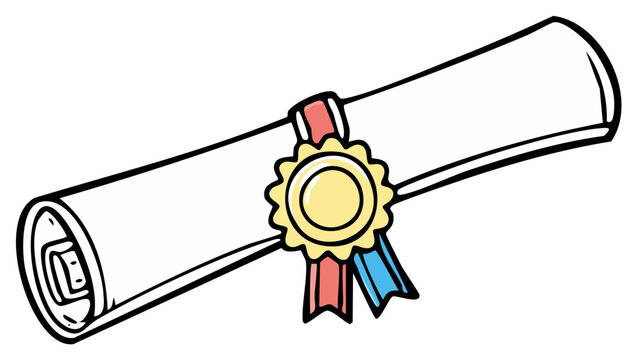 Cartoon drawing of rolled diploma with ribbons and seal