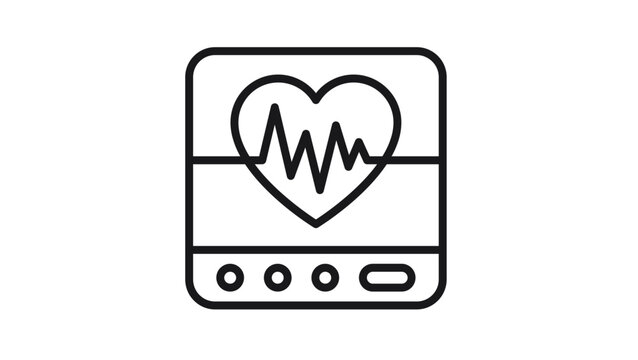 Minimalist black vector icon illustration of a medical heart rate monitor or EKG machine screen featuring a heart symbol with a pulse line, representing cardiology and vital sign tracking.