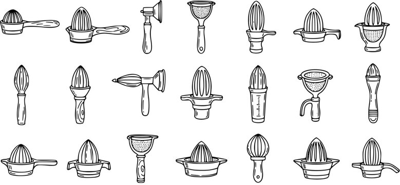 Black and White Line Art of Various Citrus Juicers and Kitchen Utensils