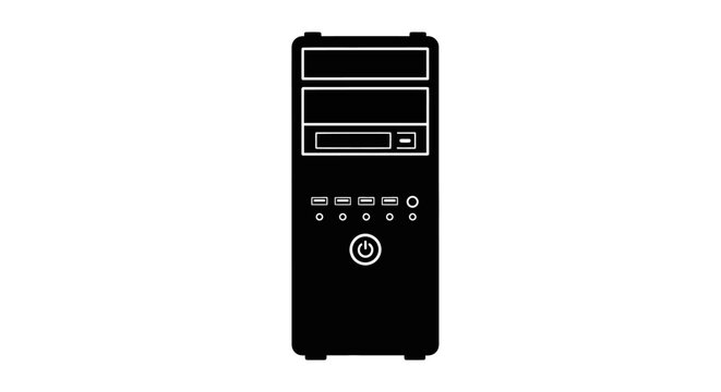 Black silhouette of a desktop computer tower with front panel details
