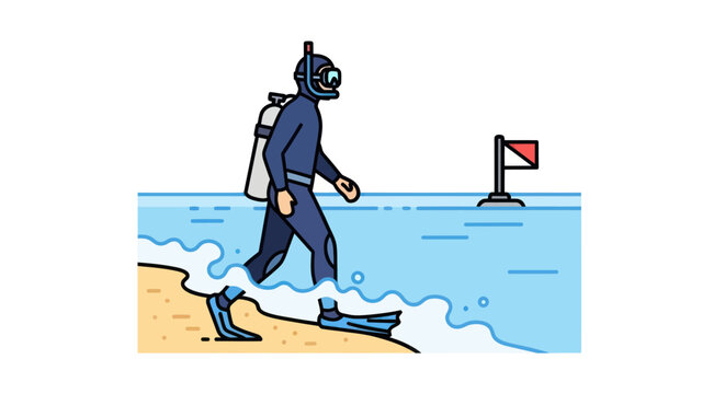 Scuba diver walking into ocean water from sandy beach, diver flag nearby